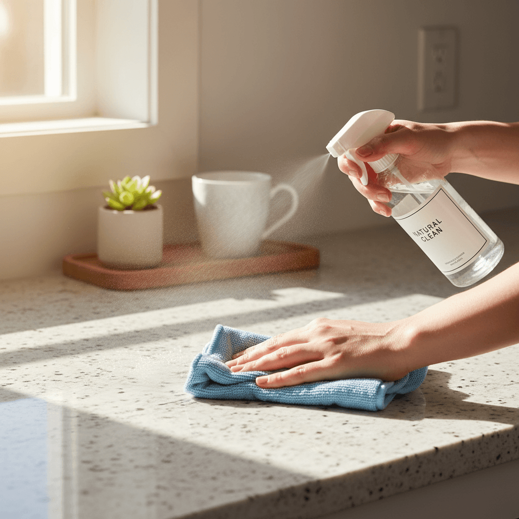 Spraying cleaning solution on a kitchen countertop